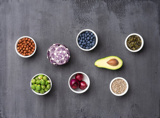 Healthy eating ingredients: fresh vegetables, fruits and superfood. Nutrition, diet, vegan food concept