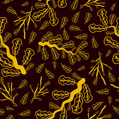 ornament of branches with yellow leaves on a dark red background