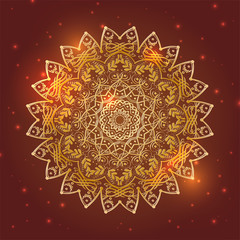 Golden mandala floral circle symbol with shiny lights