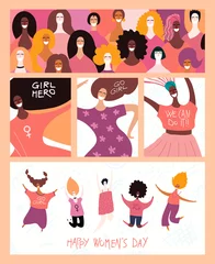 Poster Set vrouwendagkaarten met diverse vrouwen en belettering citaten. Hand getekend vectorillustratie. Platte stijl ontwerp. Concept, element voor feminisme, girl power, poster, banner, achtergrond. © Maria Skrigan
