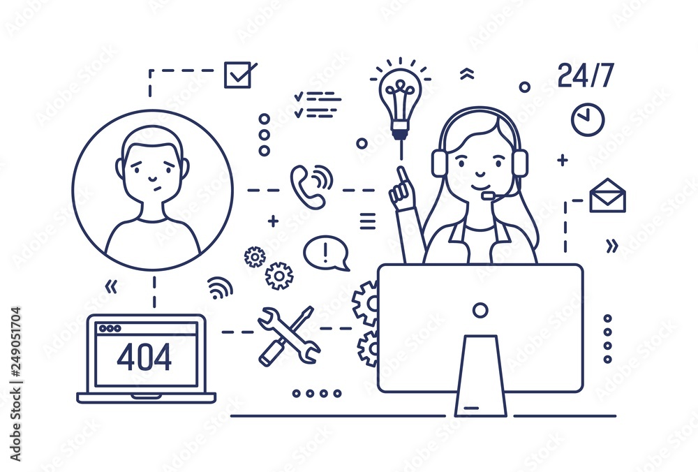 Poster Technical support manager wearing headphones with microphones sitting at computer and consulting customers. Online consultant, hot line service. Monochrome vector illustration in linear style.