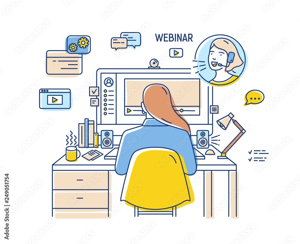 Poster girl sitting at desk with computer and watching or listening to webinar, internet lecture, video pod