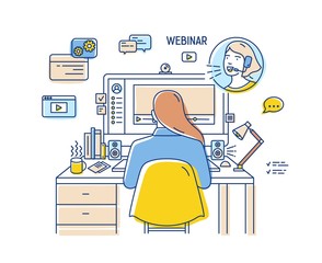 Girl sitting at desk with computer and watching or listening to webinar, internet lecture, video podcast. Back view. Self education online. Colored vector illustration in modern linear style.