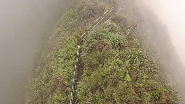 The Haiku Stairs traverse a steep ridge section in cloud