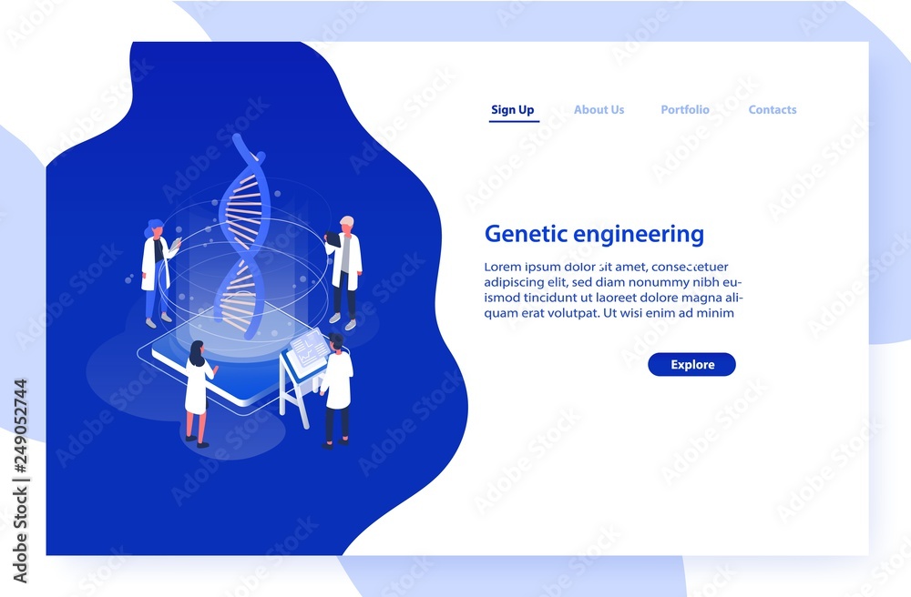 Poster Website template with group of scientists or researchers analyzing DNA molecule. Genetic engineering, biotechnology and genome modification. Modern isometric vector illustration for advertisement.