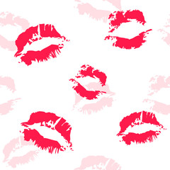 Many kisses seamless pattern. Lipstick and lips. Colorful vector illustration. Bright background, holiday wallpaper. Love theme. Valentines Day.