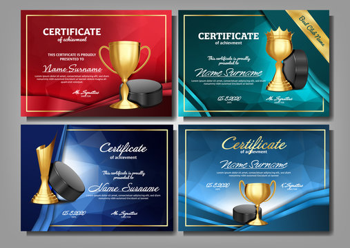 Ice Hockey Game Certificate Diploma With Golden Cup Set Vector. Sport Award Template. Achievement Design. Honor Background. A4 Horizontal. Graduation. Champion. Best Prize. Winner Trophy. Illustration
