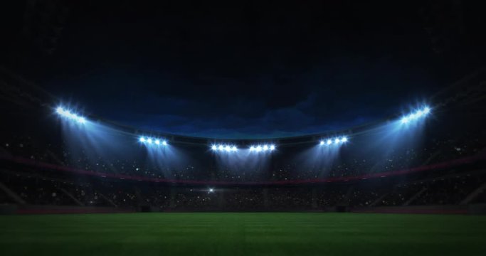 modern grass field stadium evening floodlight illumination zoom out footage,  football stadium sport advertisement background, 4K animation with black end