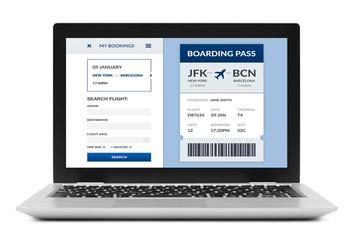 Boarding pass concept on laptop screen isolated