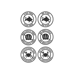 No sea food allergens ingredients sticker. No fish, no molluscs, no crustaceans vector label package stickers.