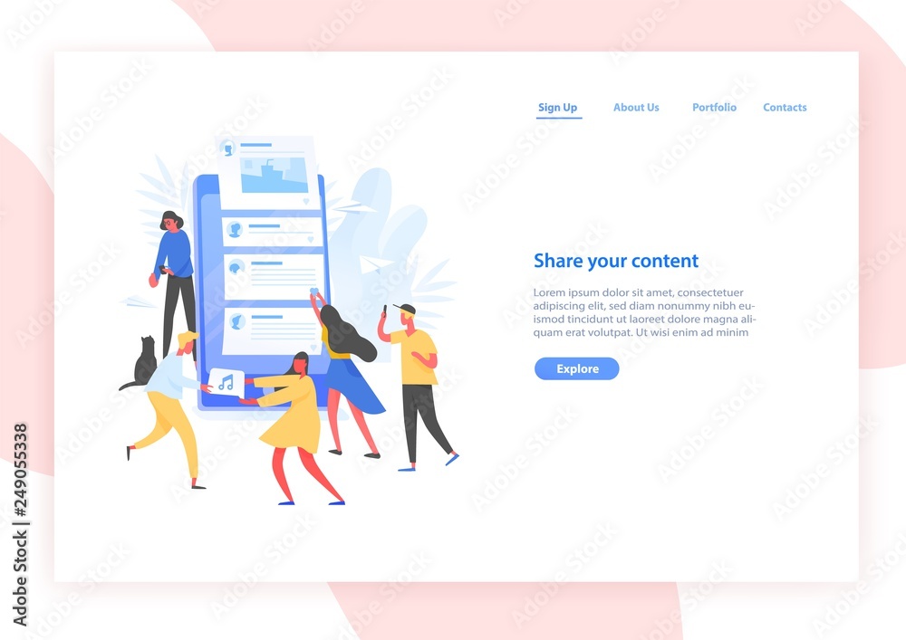 Poster web banner template with people and giant smartphone with posts on screen. sharing content on social