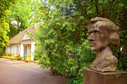 Frederic Chopin sandstone bust by Stanislaw Sikora at Chopin Museum in Zelazowa Wola, Mazovia, Poland.