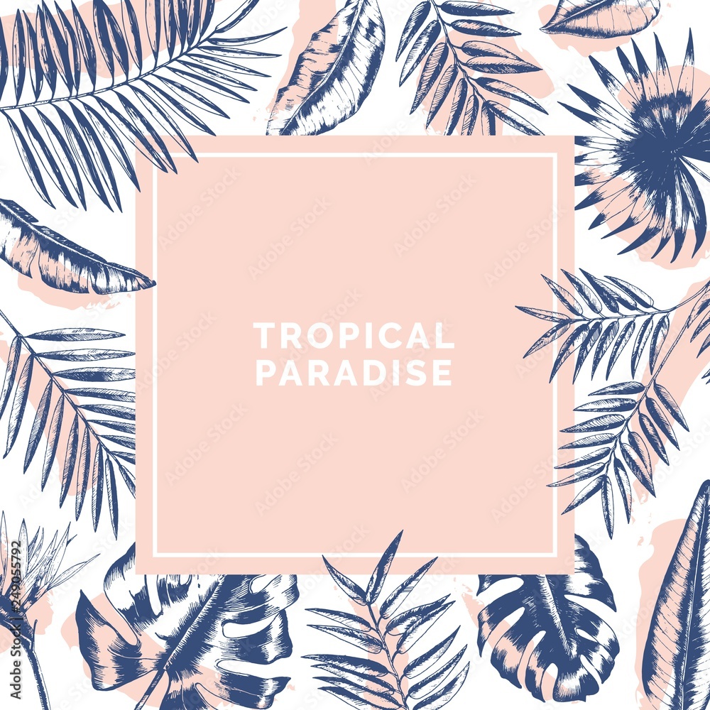 Poster Square exotic background with frame made of palm tree branches and Monstera leaves drawn with contour lines and paint stains. Summer Hawaiian backdrop. Realistic botanical vector illustration.