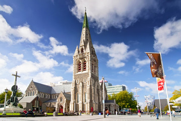 Christ Church Cathedral, a deconsecrated Anglican cathedral in the city of Christchurch, South Island, New Zealand. - obrazy, fototapety, plakaty