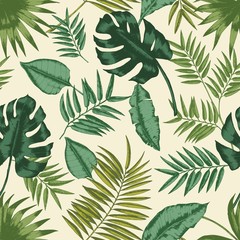 Hawaiian seamless pattern with exotic foliage. Tropical backdrop with leaves of jungle plants and palm branches. Natural realistic vector illustration for fabric print, wrapping paper, wallpaper.