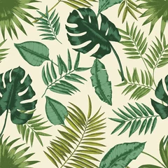  Hawaiiaans naadloos patroon met exotisch gebladerte. Tropische achtergrond met bladeren van jungleplanten en palmtakken. Natuurlijke realistische vectorillustratie voor stof print, inpakpapier, behang. © Good Studio