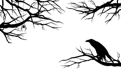 spooky raven bird among bare tree branches with spider - halloween theme black vector silhouette design set