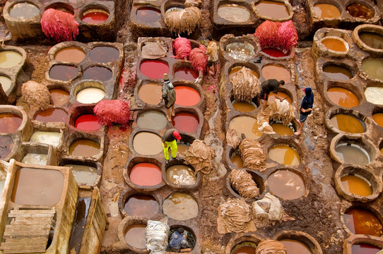 Traditional leather tanneries in the medina of Fez, Morocco, Africa.