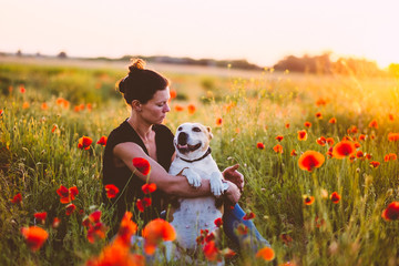 Woman with a dog in sunset