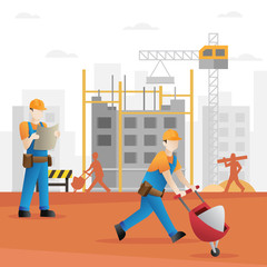 Construction builder cartoon. Building and construction industry cartoon background with workers. Construction workers - Vector illustration