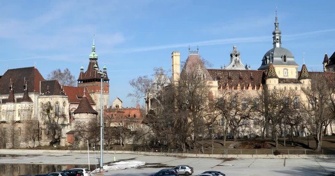 BUDAPEST, HUNGARY - JANUARY 15, 2019 :Vajdahunyad castle view  Budapest, Hungary at winter time