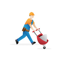 Construction worker character. Construction worker in orange hat push the wheelbarrow. Worker isolated on white background - Vector illustration