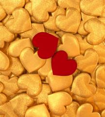 3d rendering. Composition figure volumetric brilliant heart, red, gold, Valentine's Day or wedding day romantic themes for party, events.