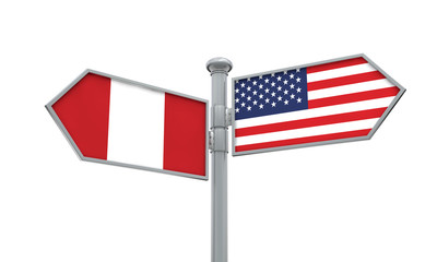 Peru and America flag moving in different direction. 3D Rendering