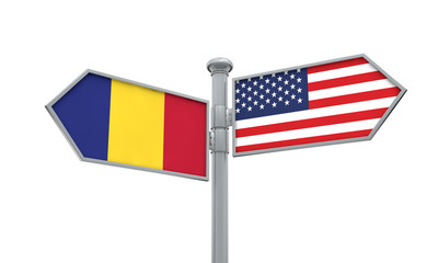 Romania and America flag moving in different direction. 3D Rendering