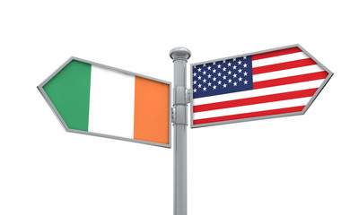 Ireland and America flag moving in different direction. 3D Rendering