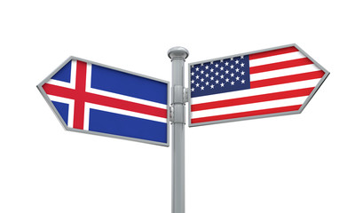 Iceland and America flag moving in different direction. 3D Rendering