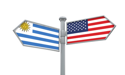 Uruguay and America flag moving in different direction. 3D Rendering
