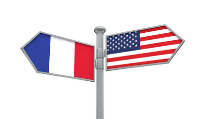 France and America flag moving in different direction. 3D Rendering