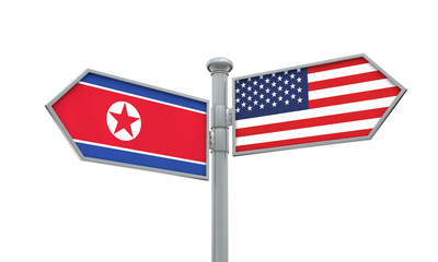 North Korea and America flag moving in different direction. 3D Rendering