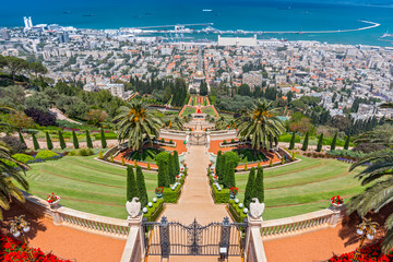 View over the Bahai Gardens and port in the background in Haifa, Israel, Middle East.