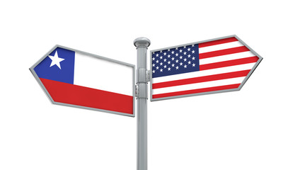 Chile and America flag moving in different direction. 3D Rendering