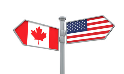 Canada and America flag moving in different direction. 3D Rendering