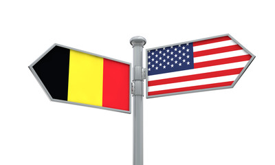Belgium and America flag moving in different direction. 3D Rendering