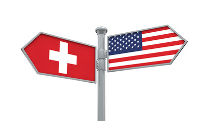 Switzerland and America flag moving in different direction. 3D Rendering