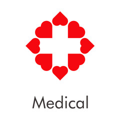 Logotipo abstracto con texto Medical con 8 corazones color rojo haciendo cruz en espacio negativo