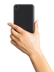 Women's hand showing black smartphone, concept of taking photo or selfie