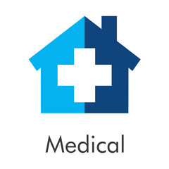  Logotipo abstracto con texto Medical con cruz color blanco en casa dividida en color azul