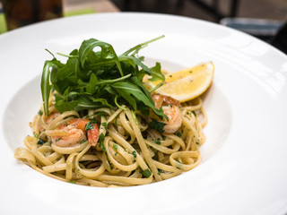 Pasta, spaghetti with shrimps, Italian food.