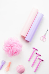 Personal care products and cosmetics flat lay. Woman beauty treatment concept, top view