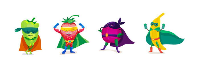 Funny cartoon fruits and vegetables in superhero costumes, vegetarian food.