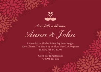Wedding card - swan couple sign and Abstract flower frame on red rose color background vector template design