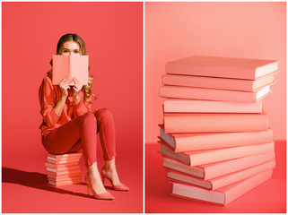 collage with living coral books and elegant girl reading book. color of the year 2019 concept