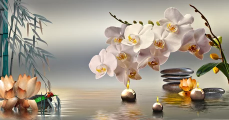 Tuinposter Wandbild mit Steinen und Bambus im Wasser und schwimmenden Kerzen © i-picture