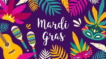 Mardi Gras banner template decorated by tropical leaves, guitar, maracas and masks. Flat vector illustration for holiday celebration, masquerade or carnival party invitation, festival announcement.