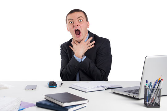 Business, people, time management and office concept -Businessman tries to strangle himself to despair.Concept of problems and solutions